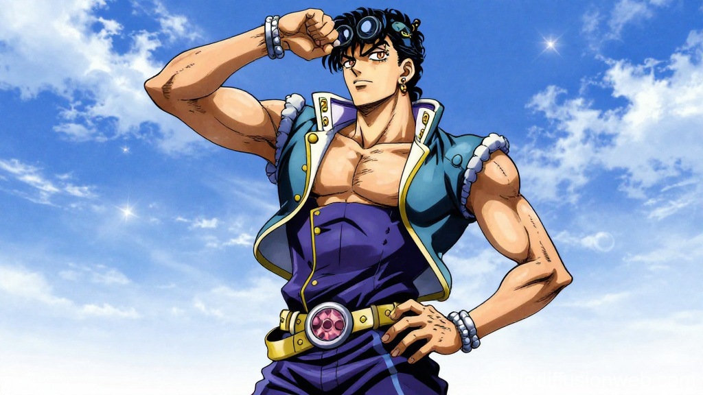 Stylized Anime Character Posing Against Blue Sky