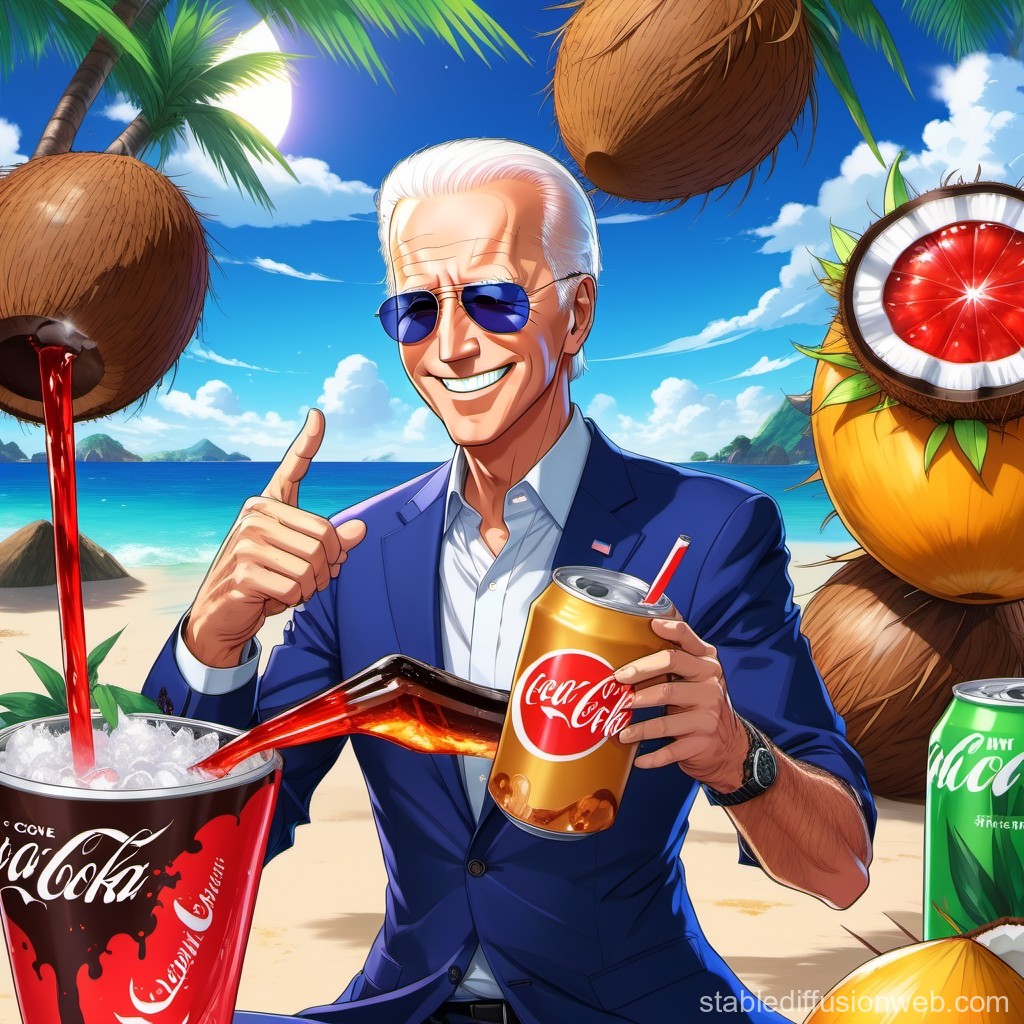 Stylized Anime Man Enjoying Coca-Cola on Tropical Beach