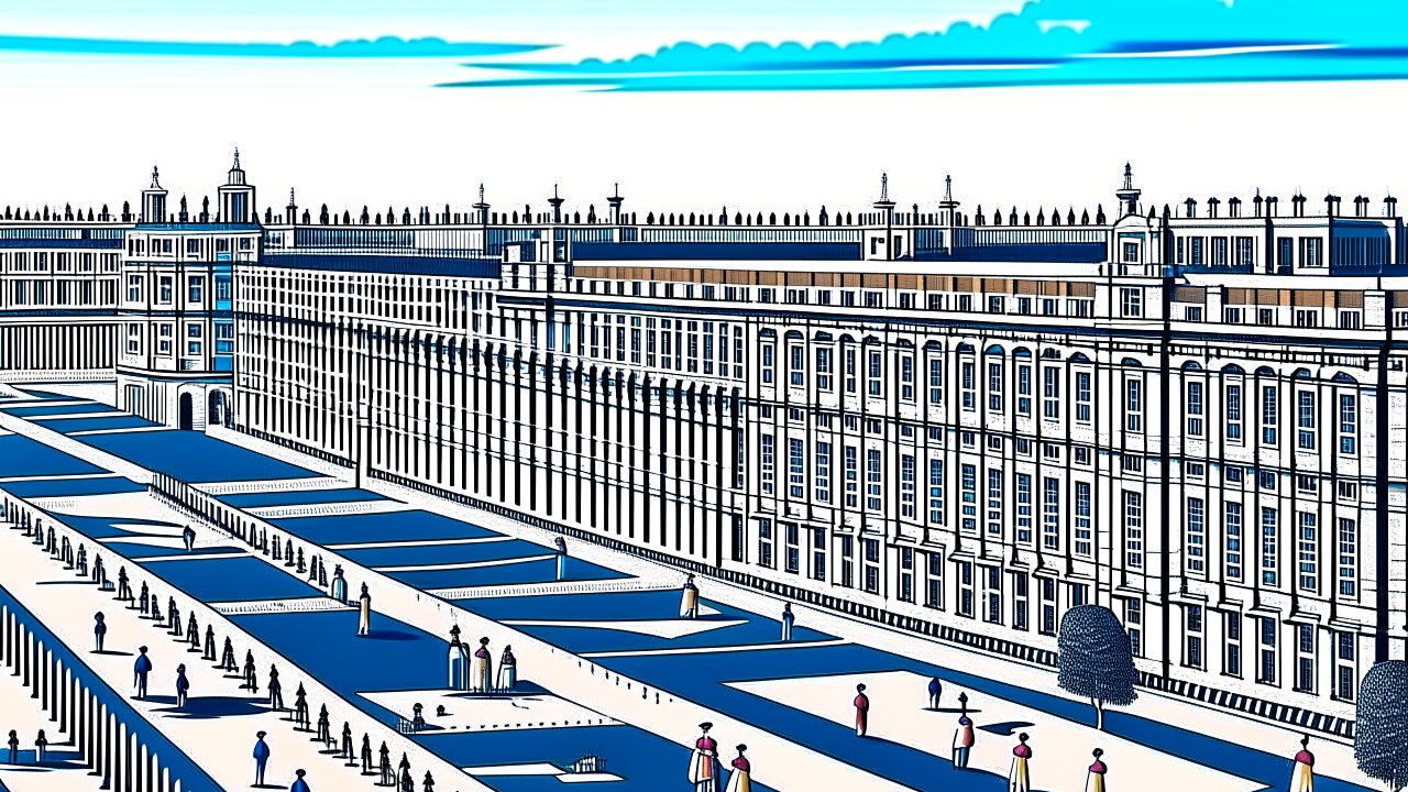 Stylized Architectural Illustration of a Grand Palace and Gardens