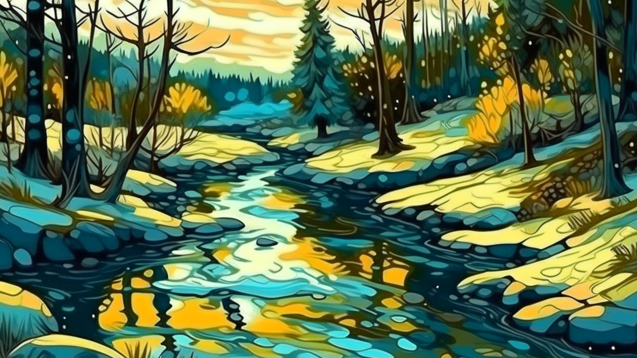 Stylized Autumn River Landscape Illustration