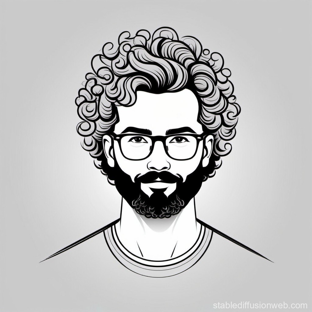 Stylized Black and White Portrait of a Man with Curly Hair and Glasses