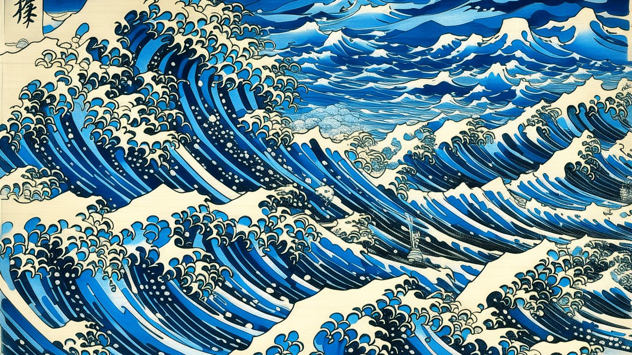 Stylized Blue Ocean Waves in Traditional Japanese Art Style