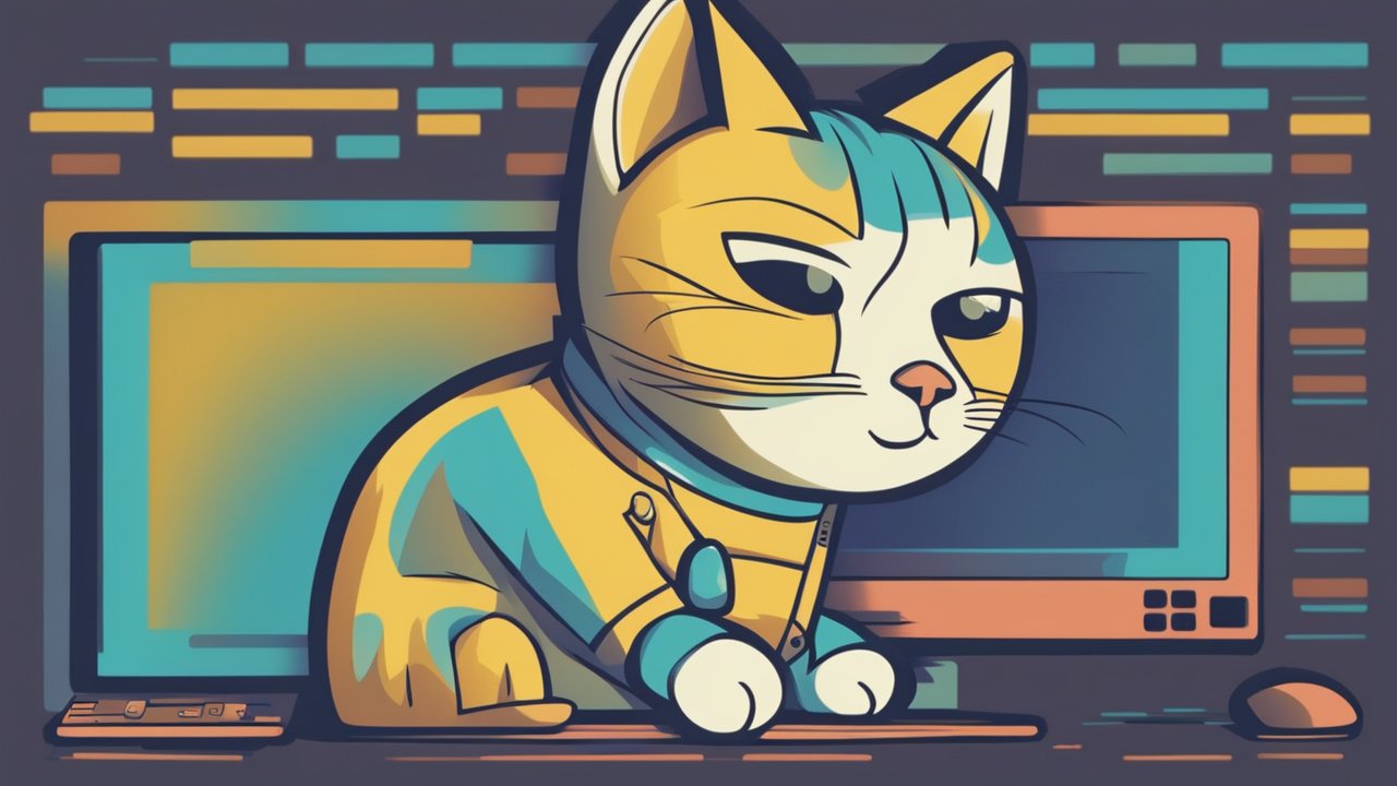Stylized Cat with Computer in Digital Illustration