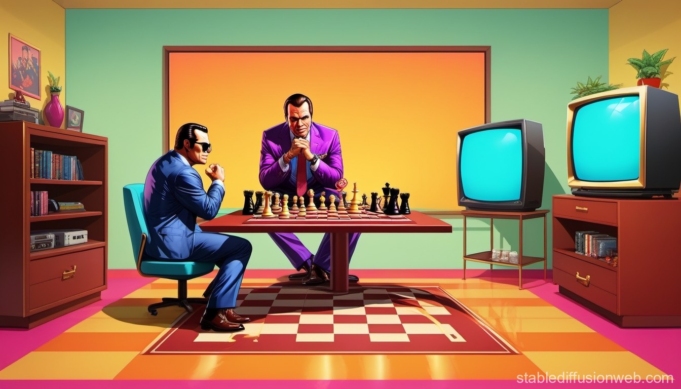 Stylized Chess Duel in Retro Room