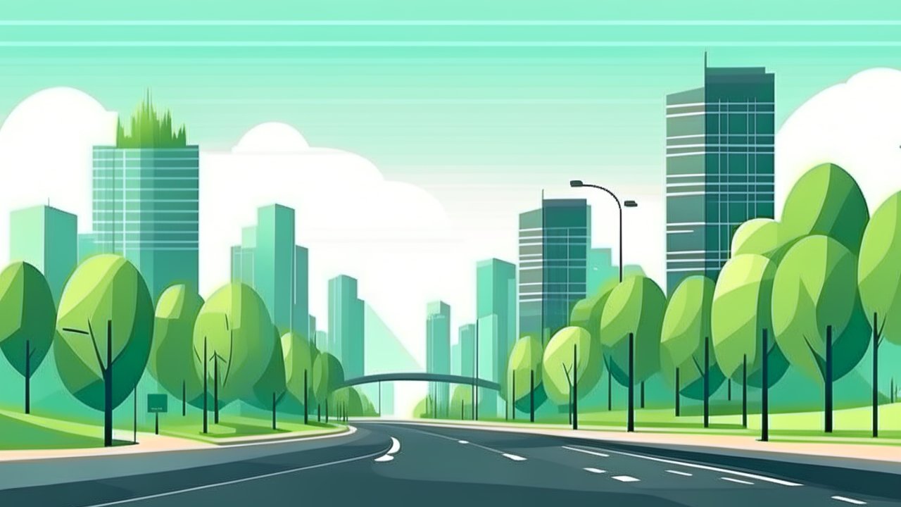 Stylized Cityscape with Road and Green Trees