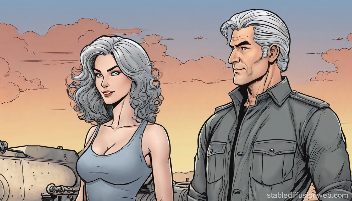 Stylized Comic Characters with Silver Hair at Sunset