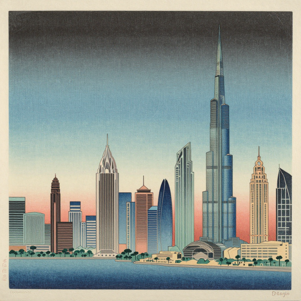 Stylized Dubai Cityscape at Sunset