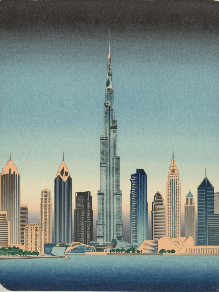 Stylized Dubai Cityscape with Burj Khalifa at Dusk