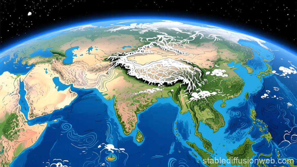 Stylized Earth View of Asia and Surrounding Regions