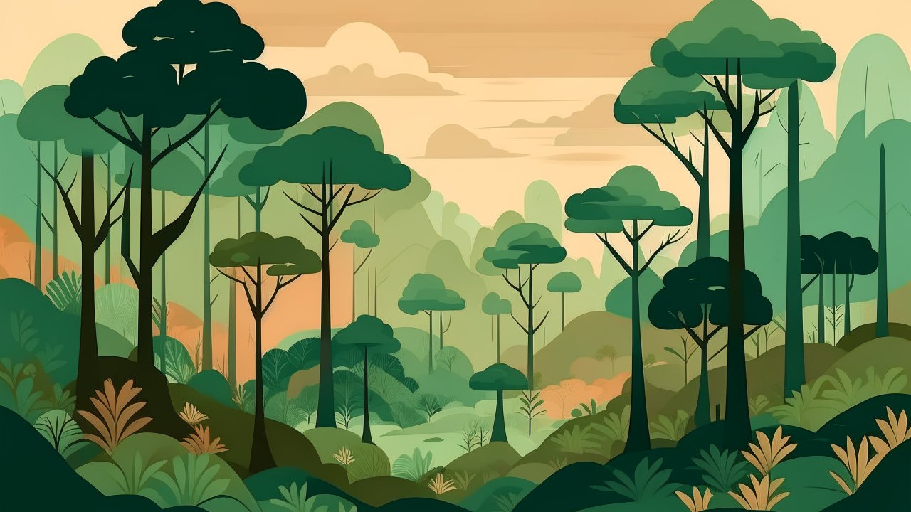 Stylized Forest Landscape with Layered Trees and Foliage