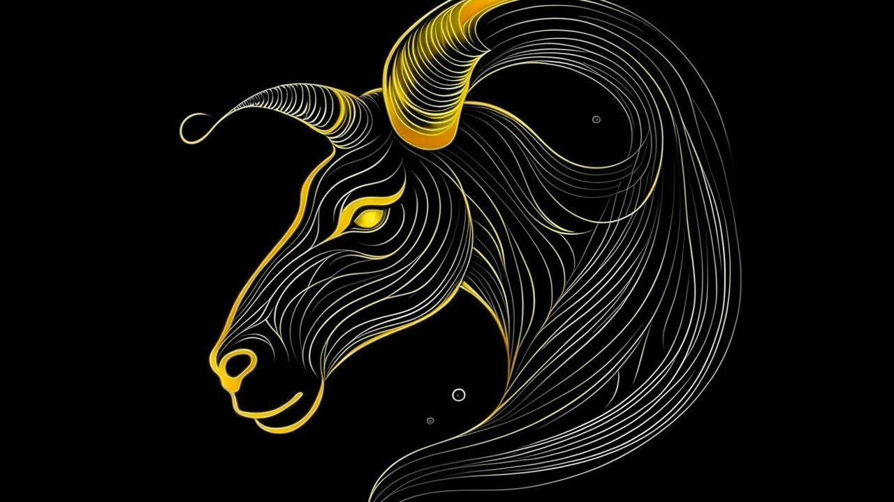 Stylized Golden and White Line Art of a Goat Head