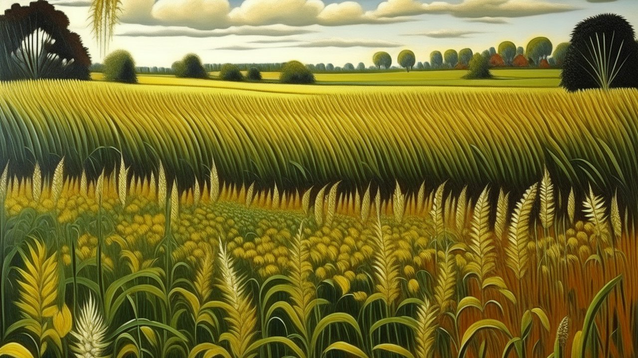Stylized Golden Wheat Field Under Cloudy Sky