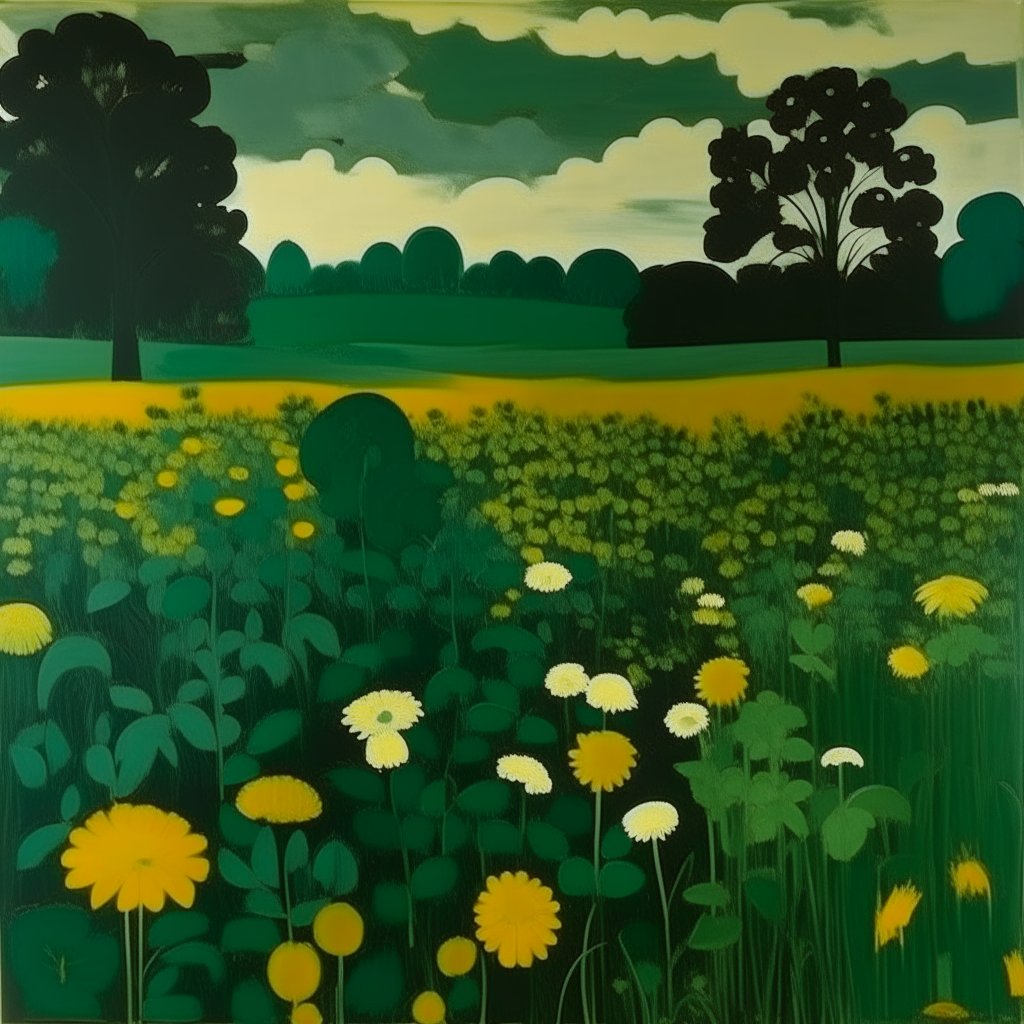Stylized Green Field with Yellow and White Flowers