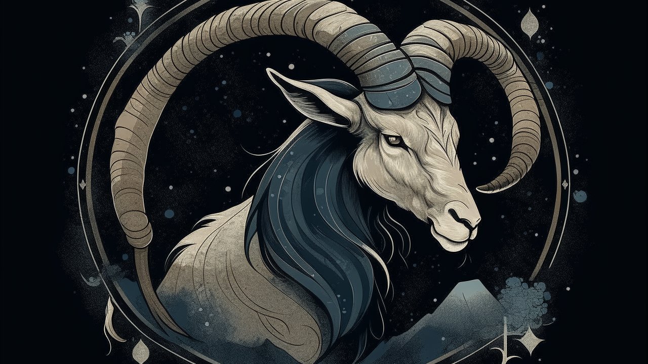 Stylized Illustration of a Mountain Goat with Large Curved Horns