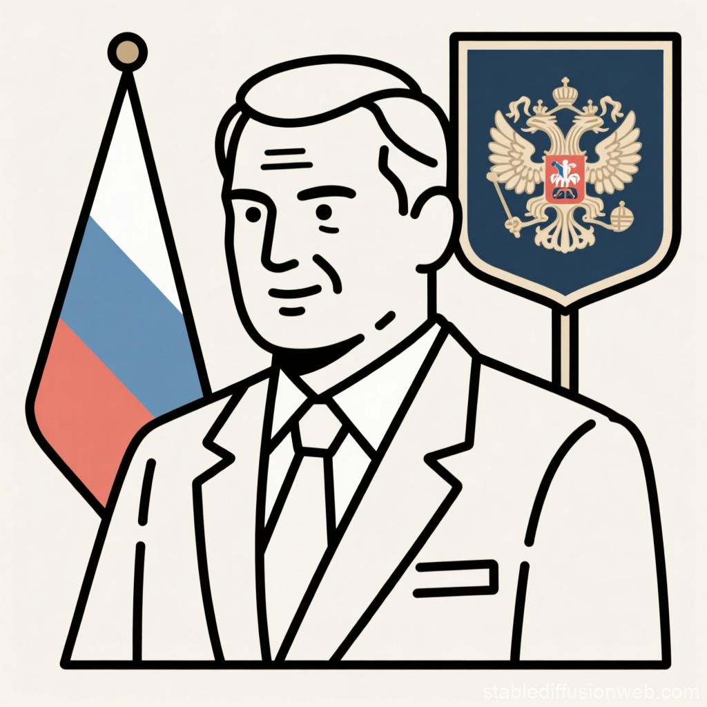 Stylized Illustration of a Politician with Russian Flag and Emblem