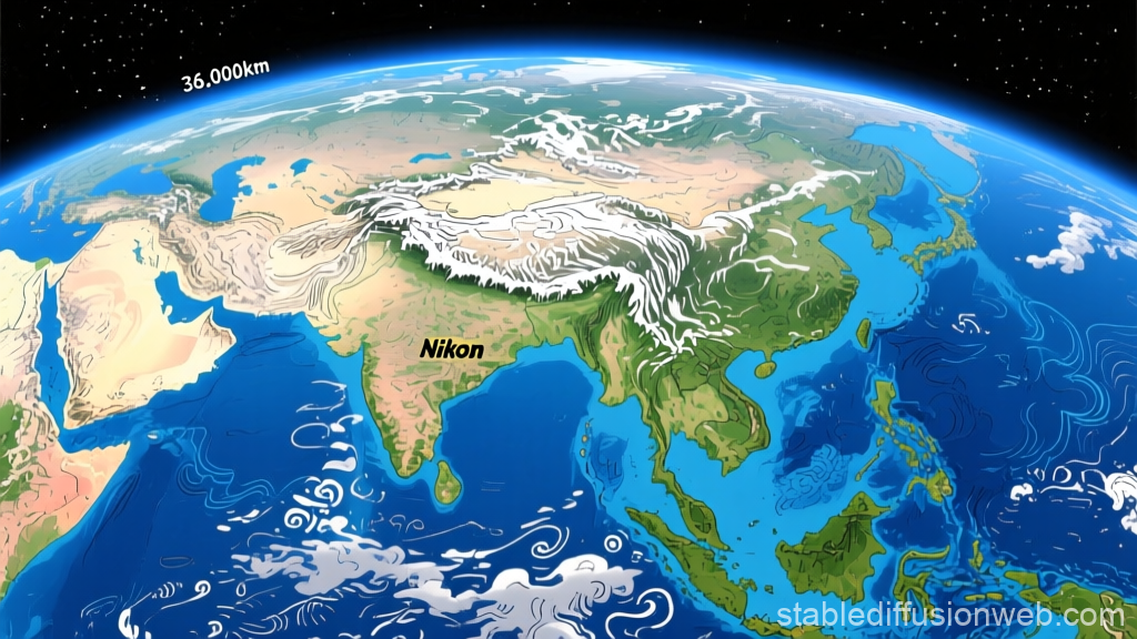 Stylized Map of Asia from Space with Topographic Details