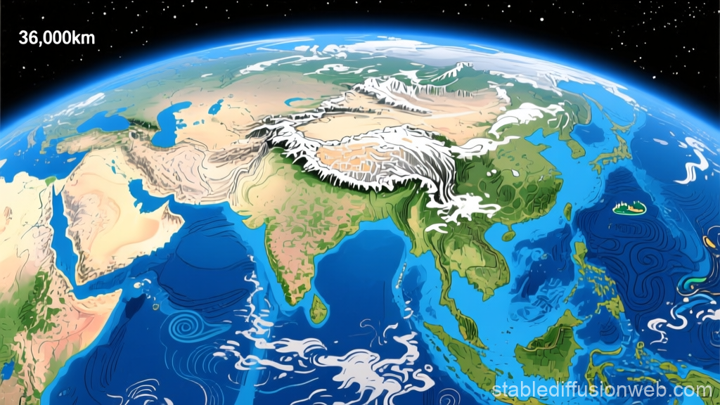 Stylized Map View of Asia from Space