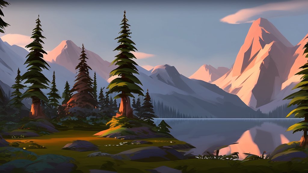 Stylized Mountain Lake Landscape at Sunset