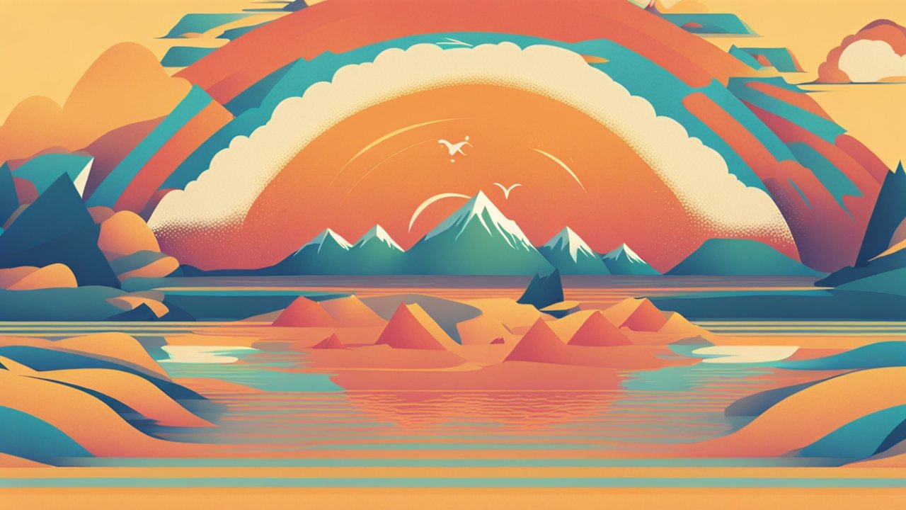 Stylized Mountain Landscape with Vibrant Sunset