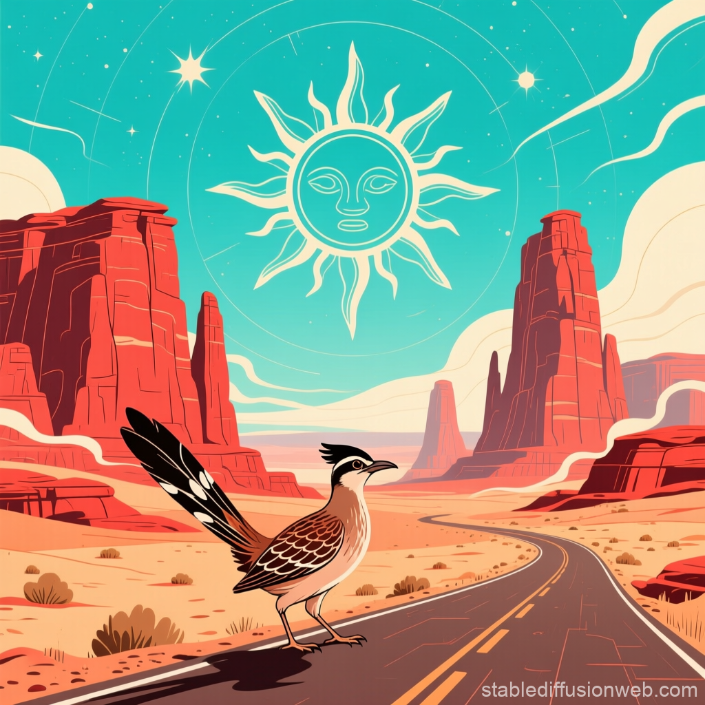 Stylized New Mexico Desert with Roadrunner and Celestial Sun