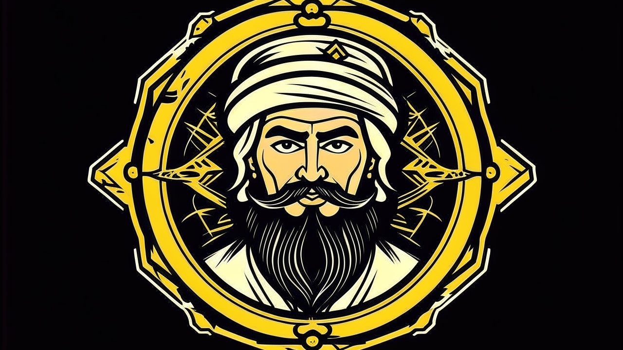 Stylized Portrait of a Bearded Man in Turban with Ornate Frame