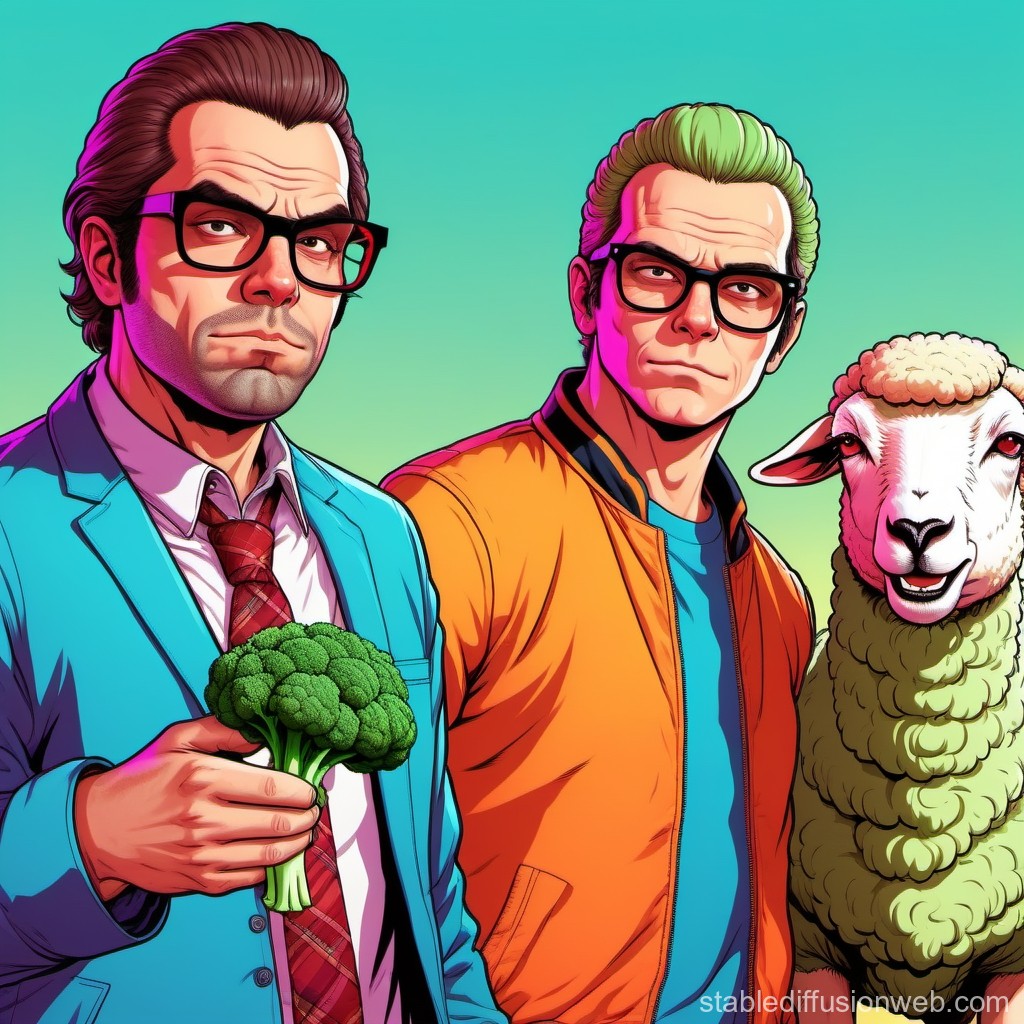 Stylized Portrait of Two Men and a Sheep with Broccoli