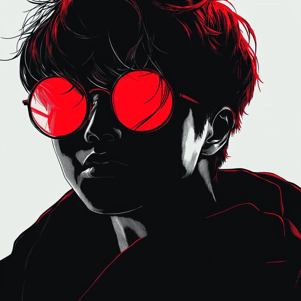 Stylized Portrait with Red Glasses and Hair Highlights