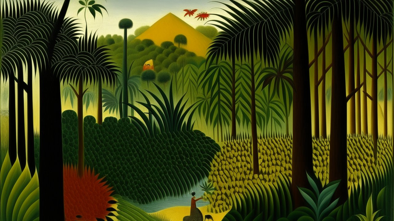 Stylized Rainforest with Yellow Mountain and Figures