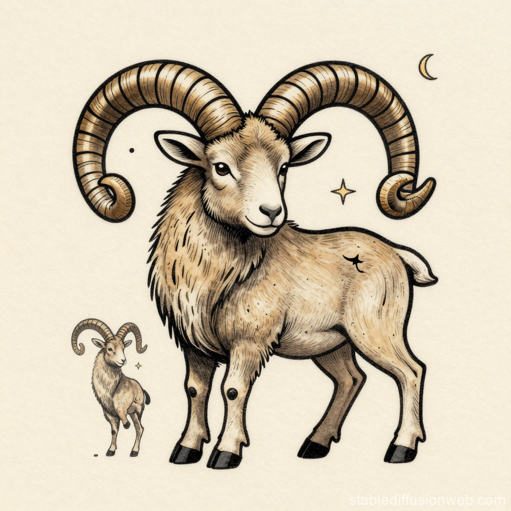 Stylized Ram Illustration with Zodiac Elements