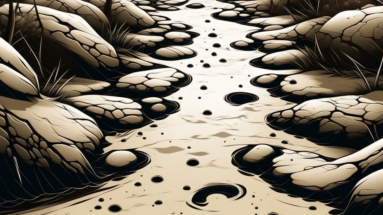 Stylized Rocky Stream with Muddy Footprints