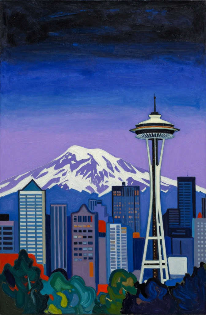 Stylized Seattle Skyline with Mount Rainier at Twilight