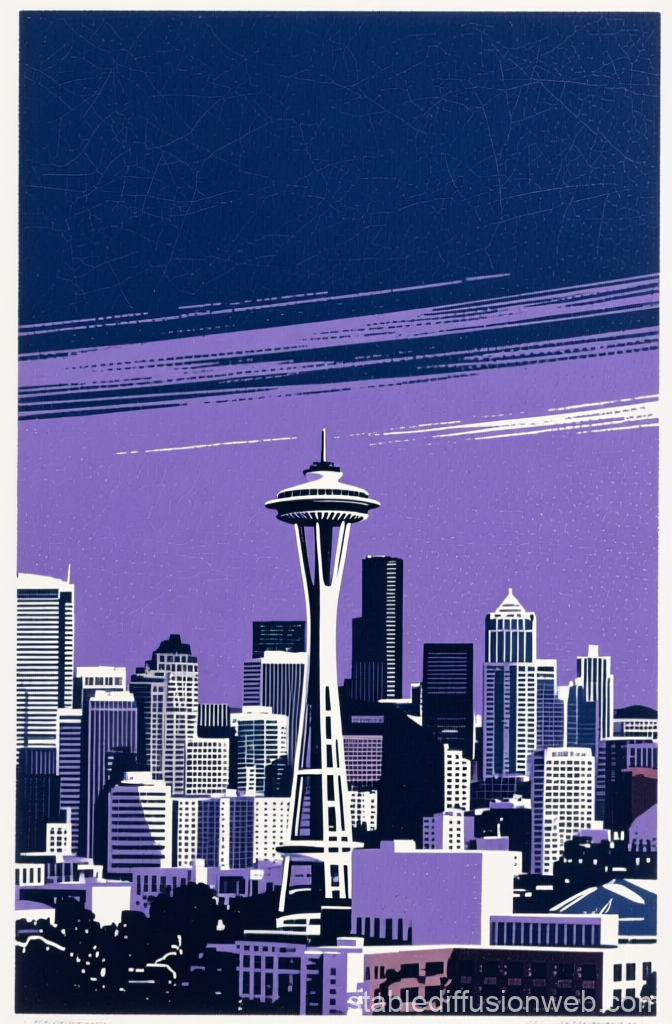 Stylized Seattle Skyline with Space Needle at Dusk
