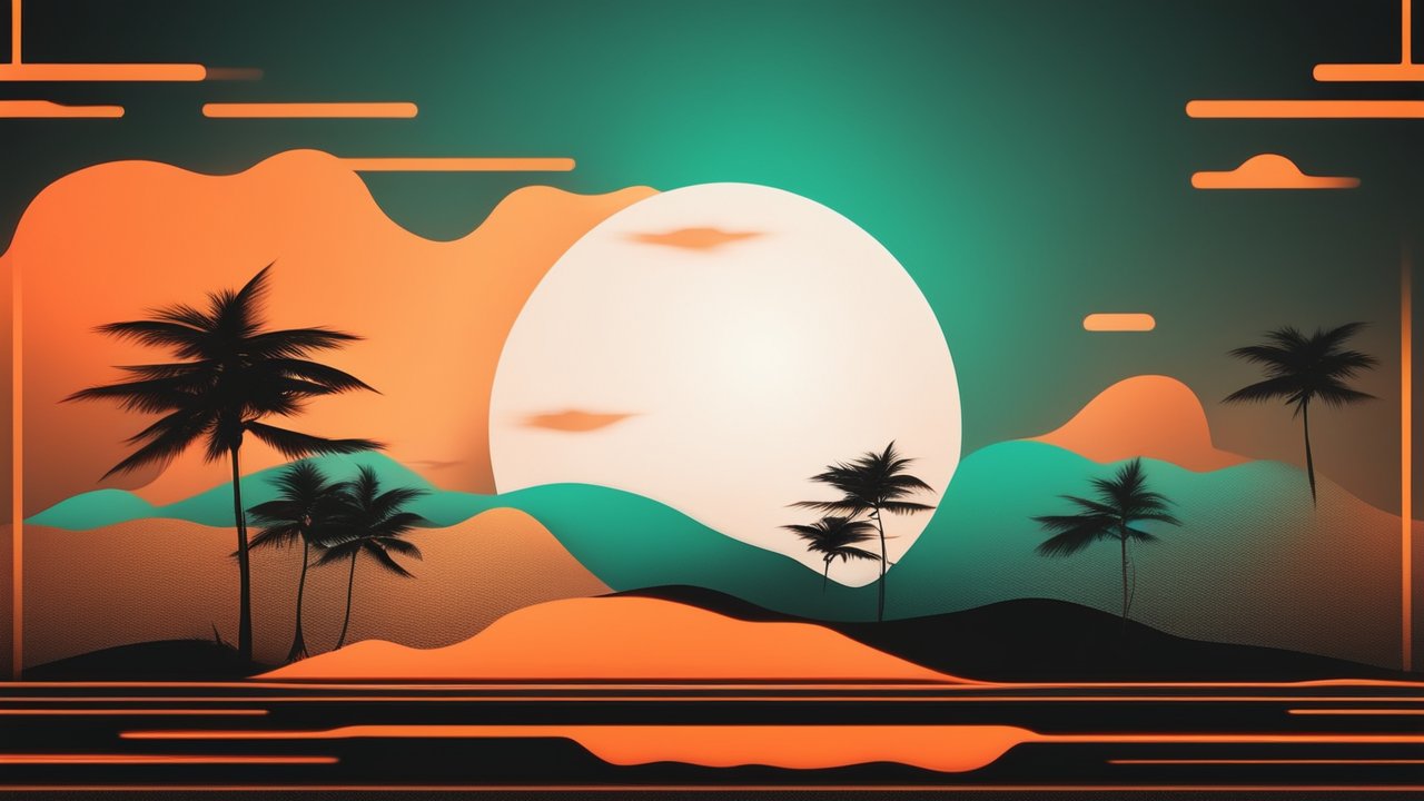 Stylized Tropical Sunset with Palm Trees and Hills