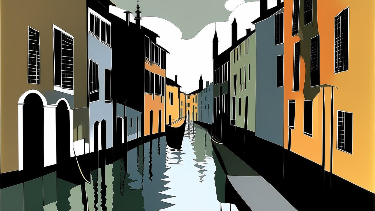 Stylized Venice Canal with Gondola in Minimalist Colors