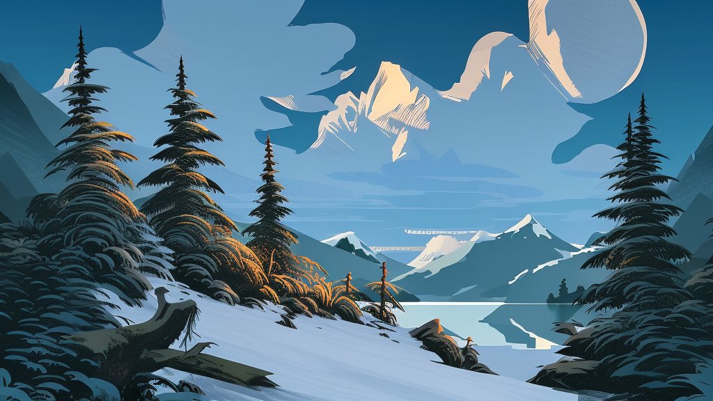 Stylized Winter Landscape with Snowy Pines and Mountains