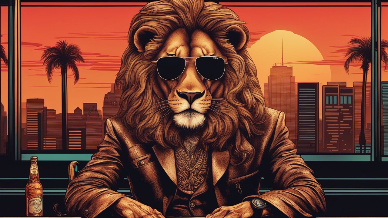 Suave Lion in Sunglasses at Sunset Cityscape