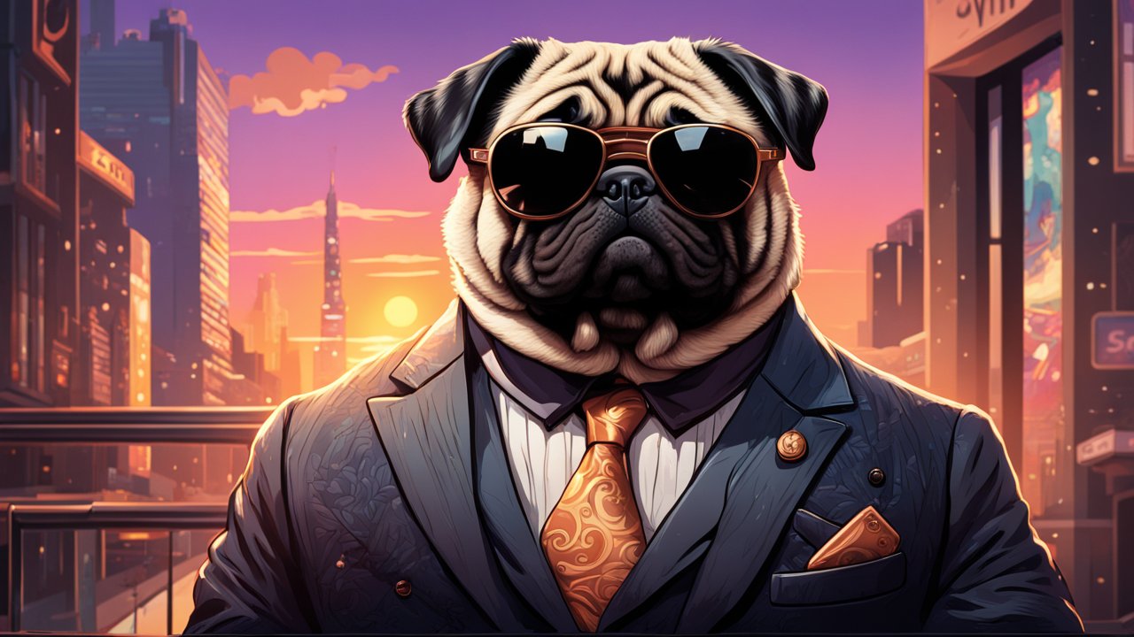 Suave Pug in a Stylish Suit at Sunset Cityscape