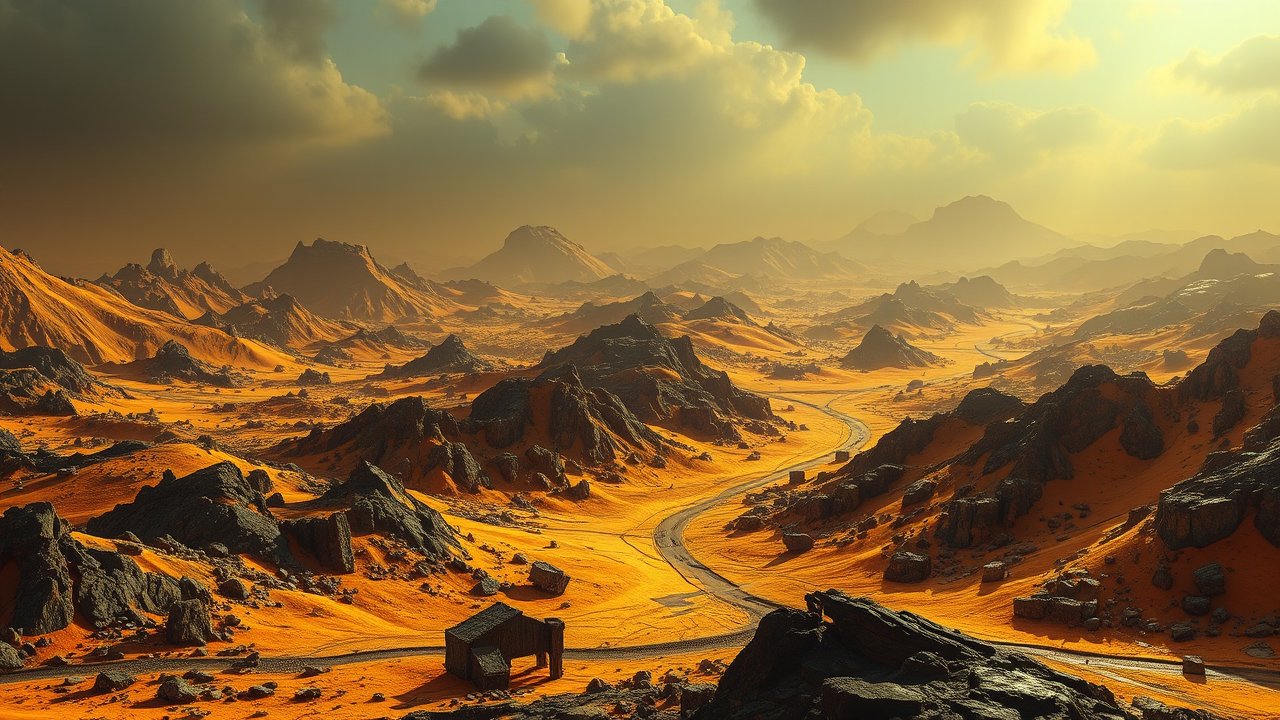 Sulfur-Covered Mountainous Landscape at Sunset