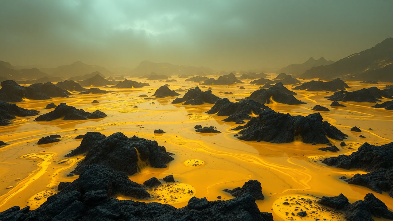 Sulfur-Covered Volcanic Landscape Under Moody Sky