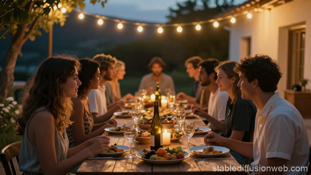 Summer Night Garden Party with Friends Dining Outdoors