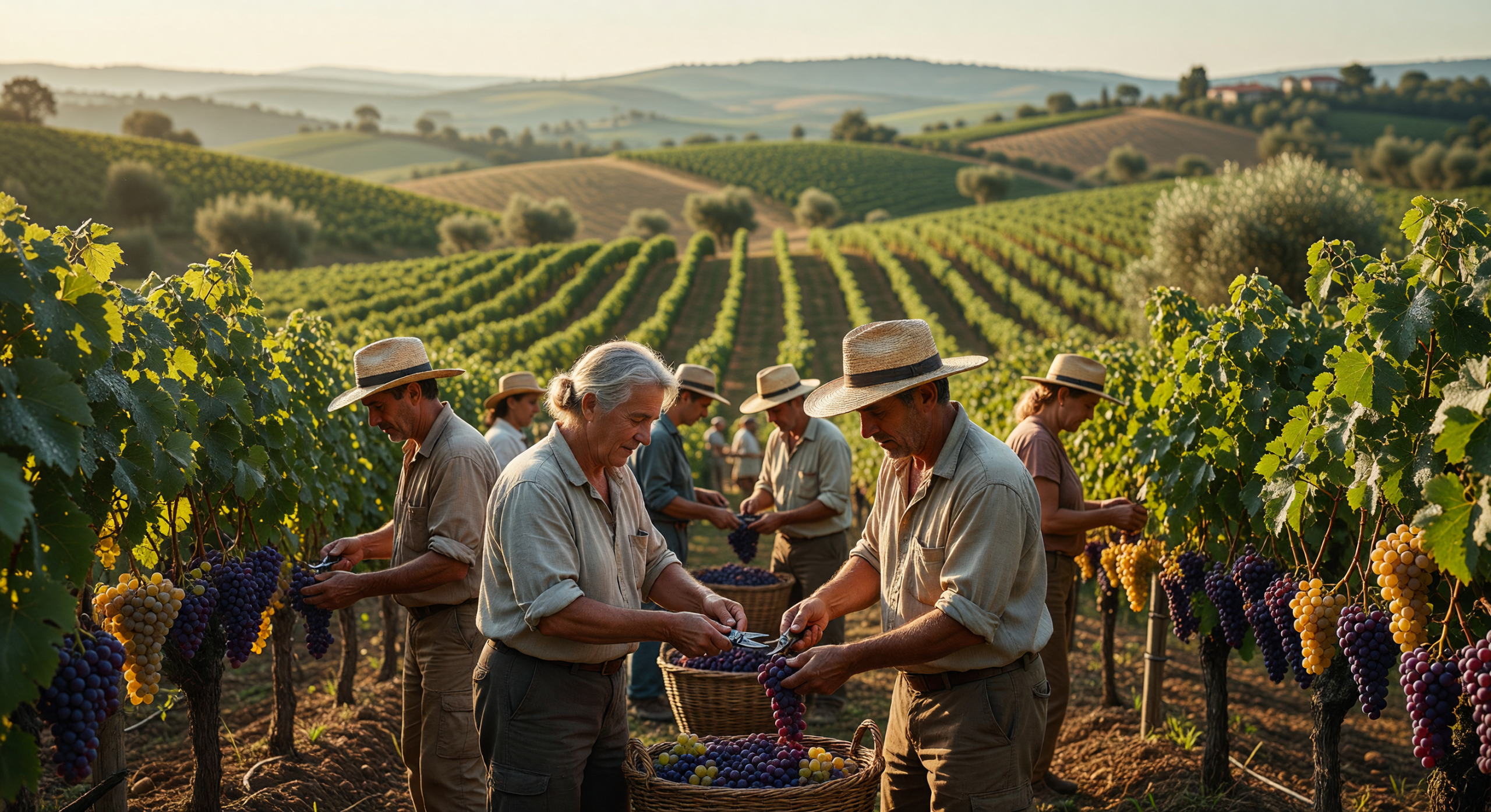 Sun-Kissed Tuscan Vineyard Harvest with Workers Picking Grapes