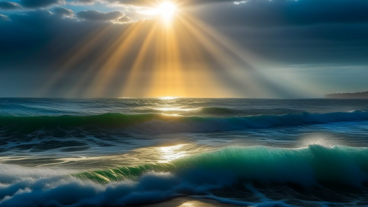 Sun Rays Breaking Through Clouds Over Ocean Waves