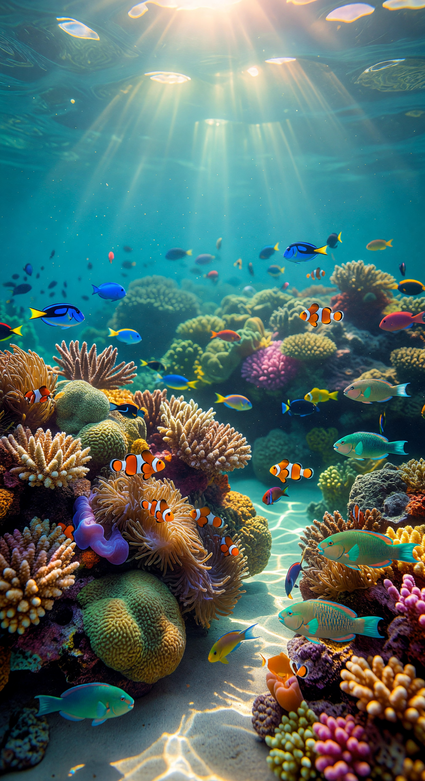 Sunbeams Illuminating a Vibrant Coral Reef with Colorful Fish