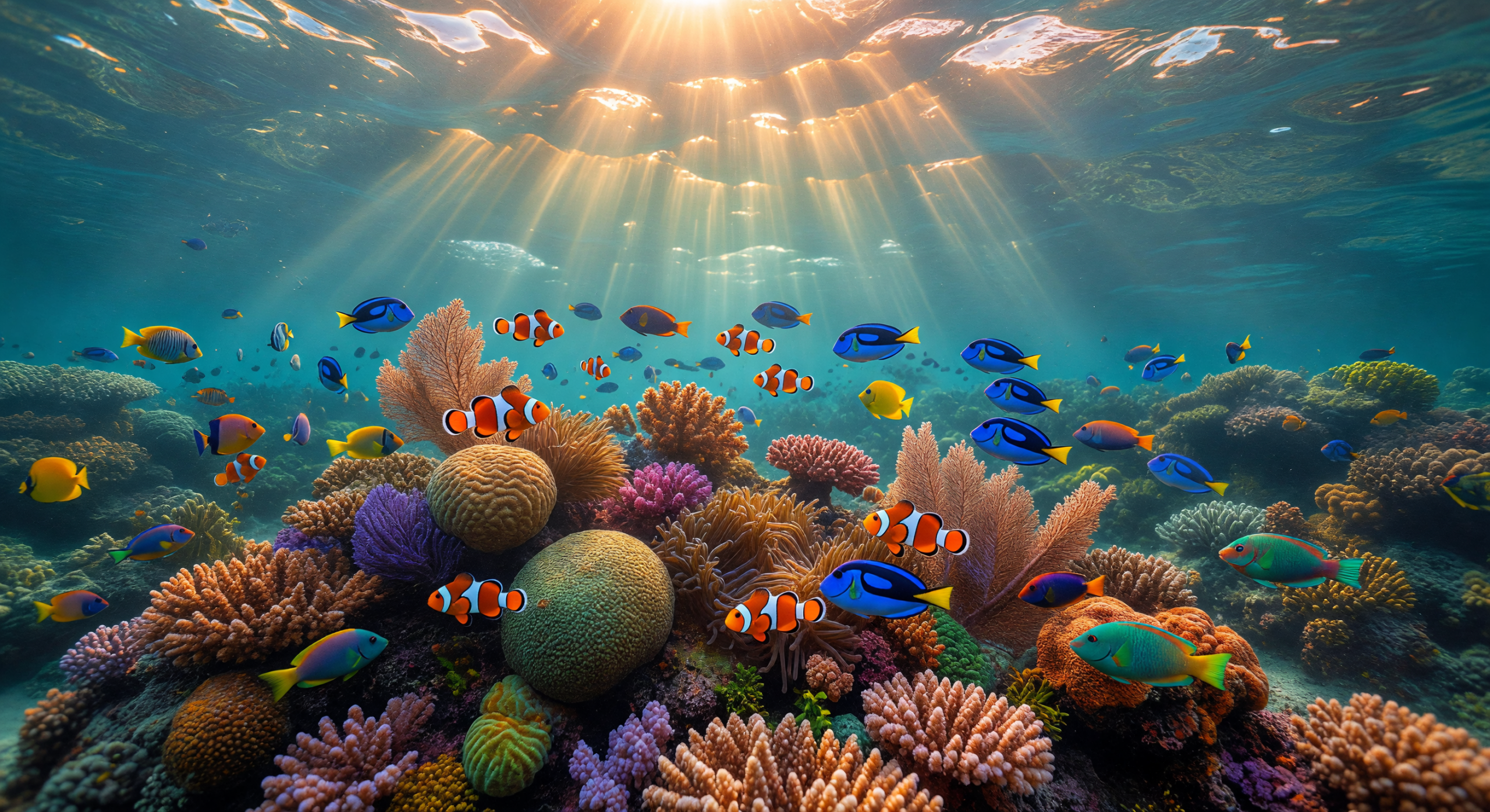 Sunbeams Illuminating Vibrant Coral Reef with Colorful Fish