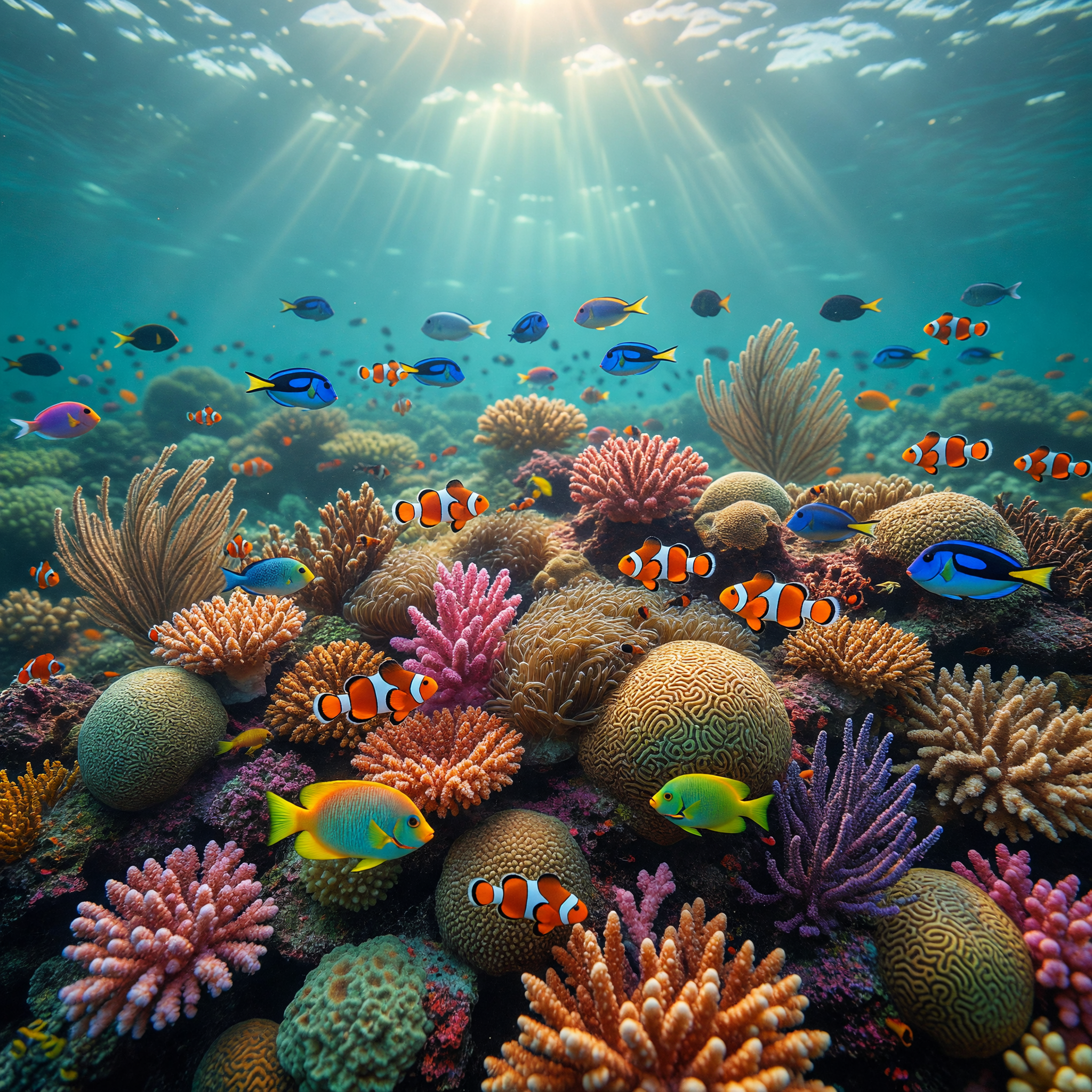 Sunbeams Illuminating Vibrant Coral Reef with Colorful Fish