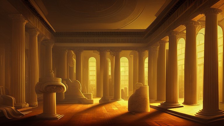 Sunlit Ancient Roman Interior with Columns and Statues