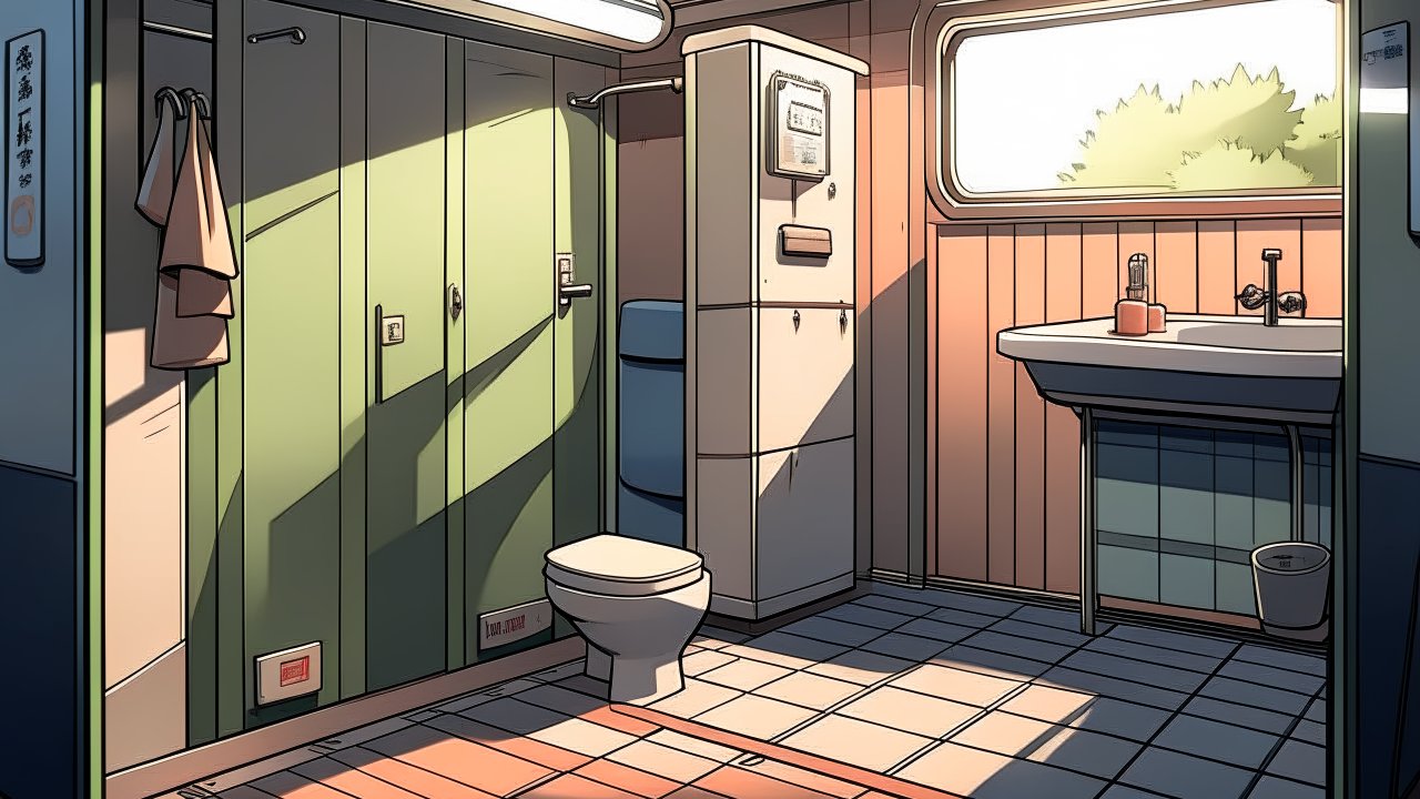 Sunlit Anime Style Toilet Cabin Interior