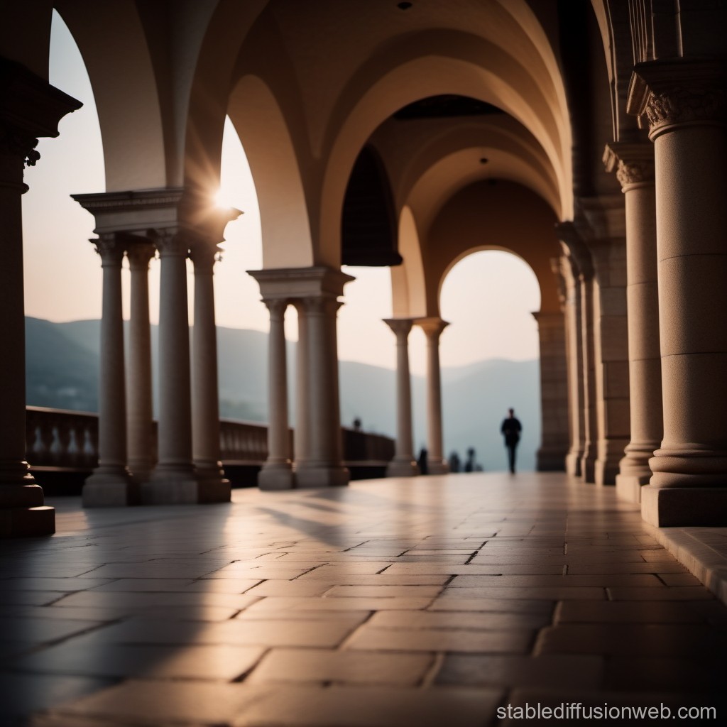 Sunlit Arched Corridor with Distant Silhouettes