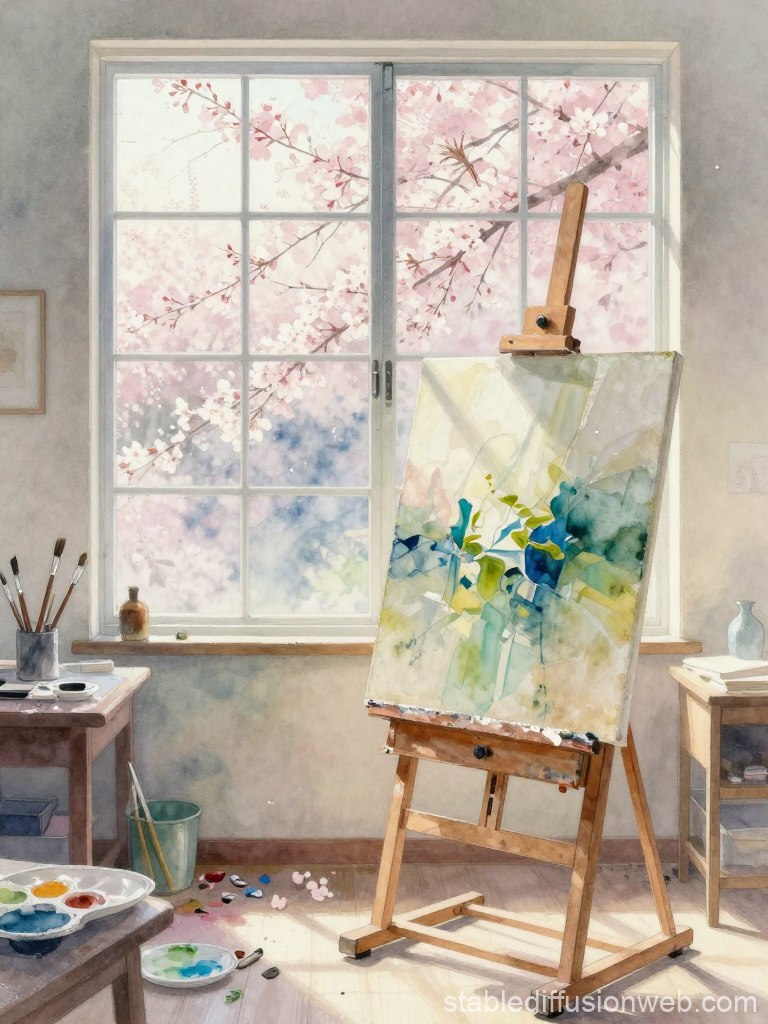 Sunlit Art Studio with Cherry Blossoms Outside
