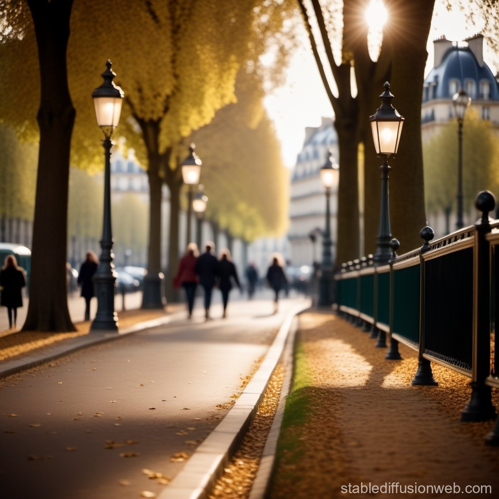 Sunlit Autumn Pathway with Vintage Street Lamps